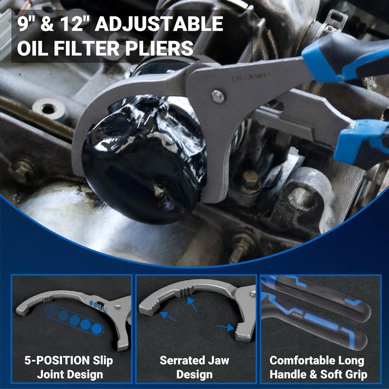 pexwo 8PC Oil Filter Wrench Set - Swivel Wrenches (2-3/4" to 5-1/4") + Adjustable Pliers (9" & 12") + 3-Jaw Removal Tool w/ 1/2" & 3/8" Adapter - Universal Oil Filter Removal Kit - Image 3